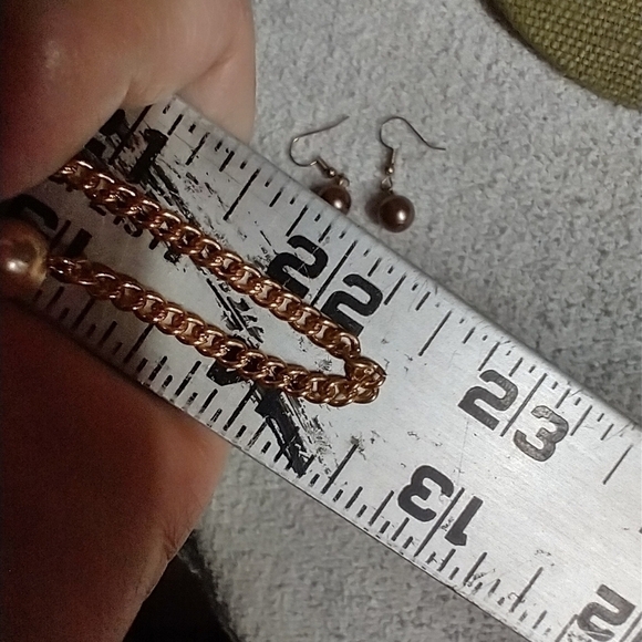 Goldtone necklace Earring set brown pink faux pearls chain multi layer - Picture 3 of 6